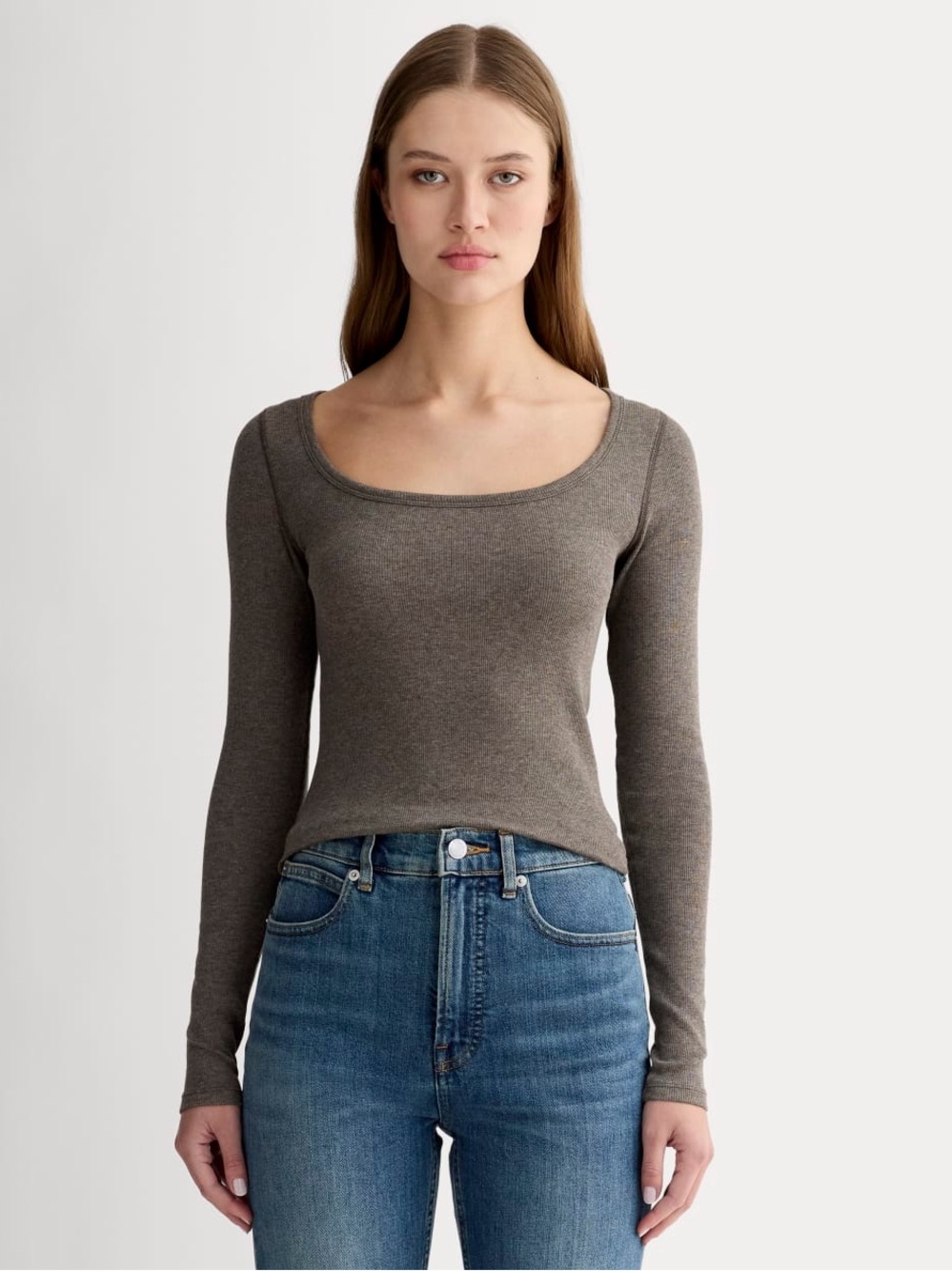 Everlane The Luxe Rib Long-Sleeve Scoop-Neck Tee Heathered Fatigue XXS NWOT